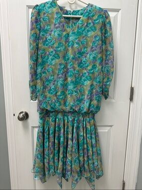 Floral Teal Olive and Lavender Shear Sleeve Drop-Waist Dress 1920s Style